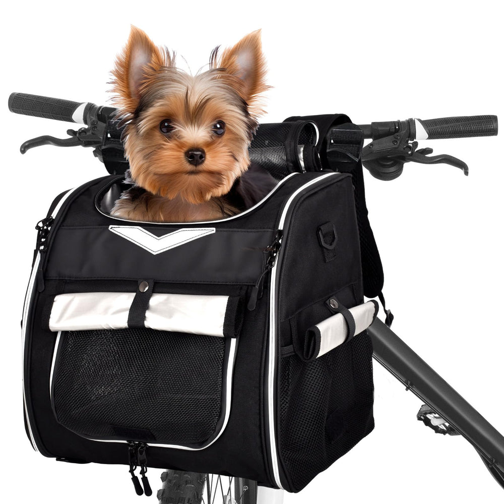 VENFOREST dog bike basket front view shows secure three-point anchoring for wobble-free rides.