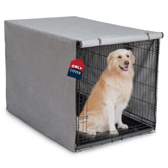 VERABE heavy-duty calming dog crate cover, front view, creates a secure den-like space for calmer rest.