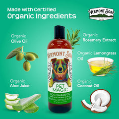 Vermont Soap Organics Pet Shampoo label highlighting organic olive oil and coconut oils.