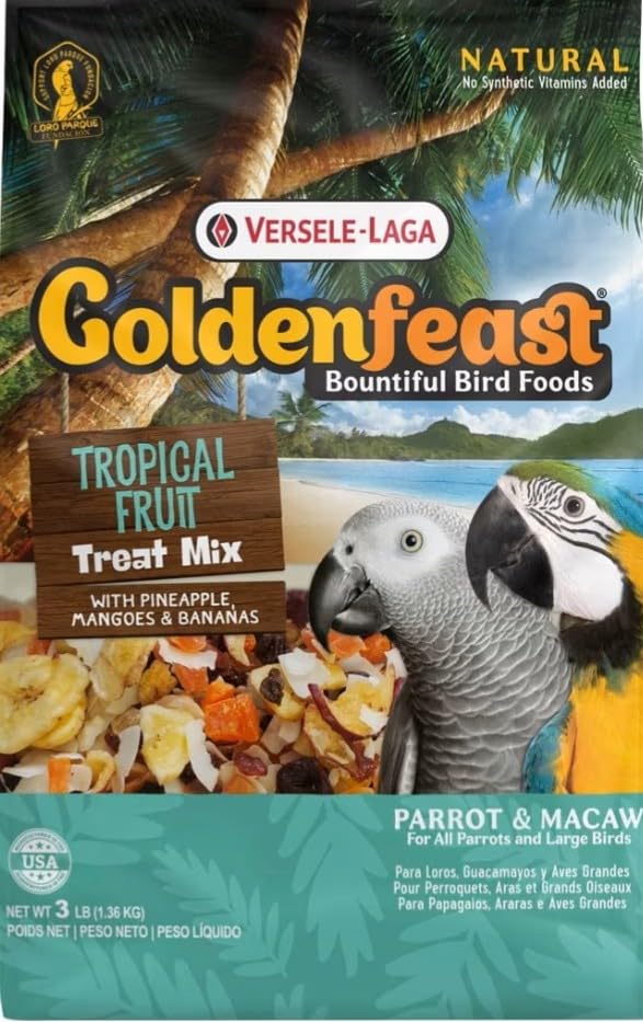 Versele-Laga Goldenfeast Tropical Fruit Treat Mix bag with colorful pieces promoting foraging and enrichment.