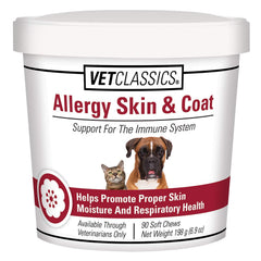 Vet Classics allergy skin coat soft chews bottle promotes healthy skin moisture.