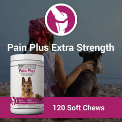 Vet Classics Pain Plus chews closeup shows herbal blend for minor aches in dogs