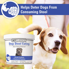 Happy dog with Vet Classics chews demonstrates breath-freshening support.