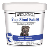 Vet Classics Stop Stool Eating packaging shows a vet-approved stool deterrence supplement.