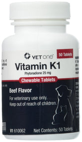Vet One Vitamin K1 chewable tablets in beef flavor for dogs and cats to support healthy blood clotting.