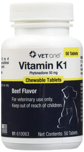 Vet One Vitamin K1 chewables for dogs and cats; beef flavor aids easy administration.