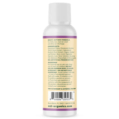 Vet Organics EcoEars multi-action cleaner close-up highlighting soothing scent and debris removal.