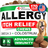 Vet Promise dog allergy chews bottle shows daily itch and skin support in a vet-formulated formula