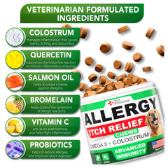 Vet Promise dog allergy chews ingredients omega-3 fish oil and colostrum for immune-supportive nutrition