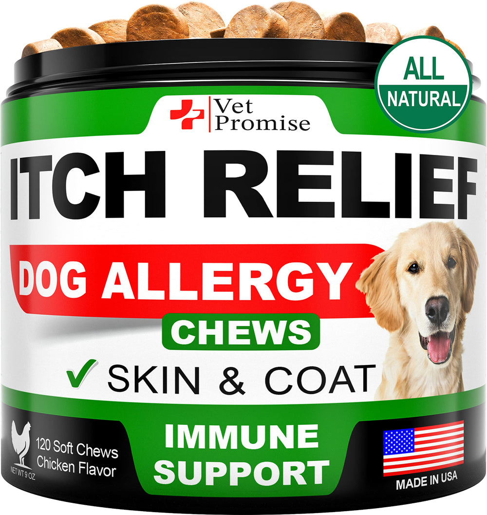 Vet Promise Dog Allergy Relief Chews bottle front shows convenient daily dosing for itch support