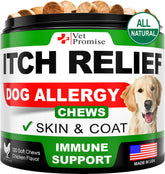 Vet Promise Dog Allergy Relief Chews bottle front shows convenient daily dosing for itch support