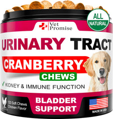 Vet Promise dog UTI cranberry chews packaging supports urinary health.