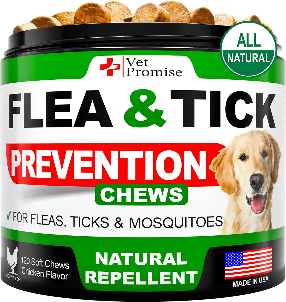 Vet Promise flea-tick chew bottle shows natural protection for dogs.