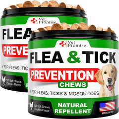 Vet Promise flea tick chews bottle for easy daily protection against pests.