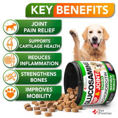 Vet Promise glucosamine dog chews closeup emphasizes tasty chews for mobility support.