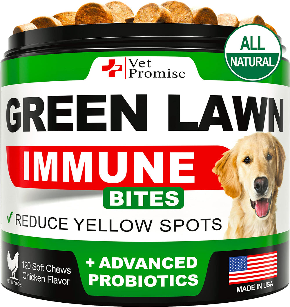 Vet Promise Grass Burn Chews packaging highlights a US-made lawn-safe solution for dog urine.