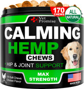 Vet Promise hemp calming chews packaging highlights anxiety-relief treats for dogs