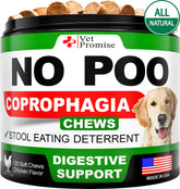 Vet Promise No Poo Chews bottle front demonstrates a US-made stool deterrent for coprophagia.