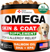 Vet Promise Omega 3 for Dogs bottle pour demonstrates easy daily dosing for healthier skin.