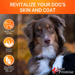 Vet Promise Omega 3 for Dogs itching relief close-up suggests soothing effect on irritated skin.