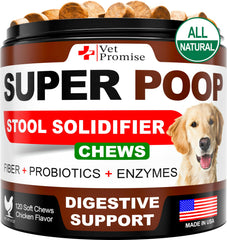 Vet Promise Super Poop Probiotics dog bottle shows chewable digestive support