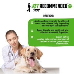Vet Recommended hot spots relief cream bottle demonstrates easy massage.