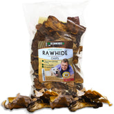 Vet Recommended Premium Beef Rawhide Chips bag front shows long-lasting chew and excitement.