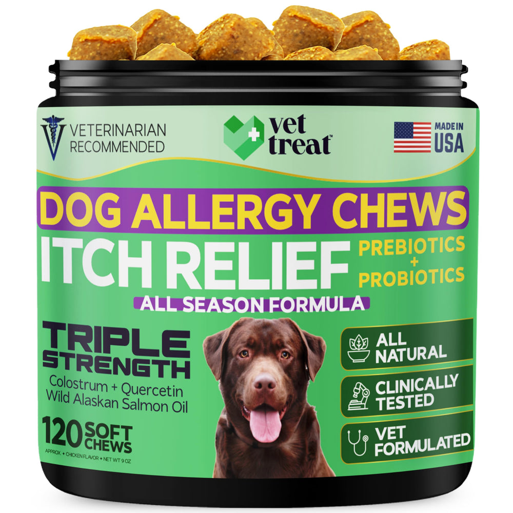 Vet Treat Allergy Relief Chews bottle showing dog-friendly formula for itchy skin relief.
