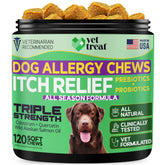 Vet Treat Allergy Relief Chews bottle showing dog-friendly formula for itchy skin relief.