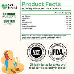 Vet Treat green-lipped mussel dog joint care chews closeup for long-term mobility.