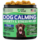 Vet Treat hemp calming chews packaging shows US-made anxiety relief for dogs.
