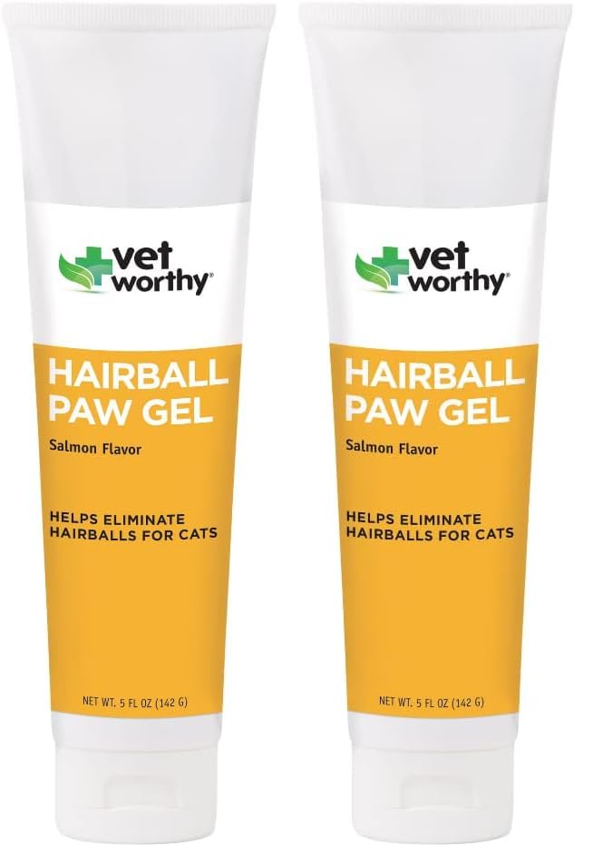 Vet Worthy hairball paw gel for cats with salmon flavor on paw, convenient daily use for hairball relief