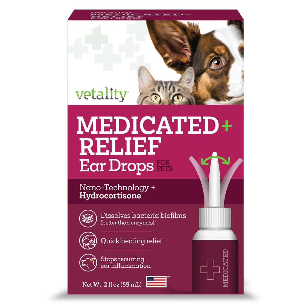 Vetality Otic Drops bottle front view for quick canine ear care.