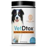 VetDtox activated charcoal powder bottle label for animal gut support.