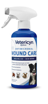Vetericyn Plus dog wound care spray bottle; easy application for quick cleaning of cuts.