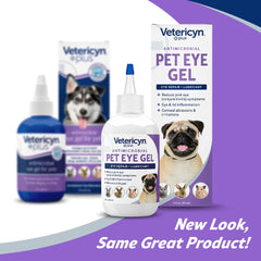 Label closeup of Vetericyn Plus Eye Gel emphasizing safety and pH-balanced formula.