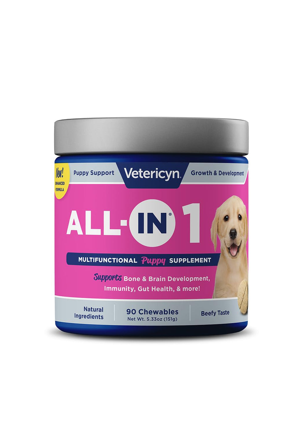 Vetericyn puppy supplement bottle-front shows balanced growth potential and easy dosing.