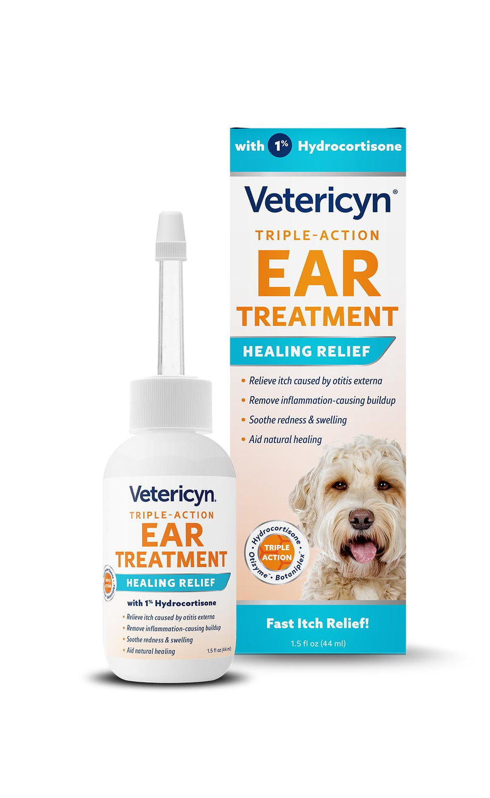 Vetericyn Triple-Action Ear Treatment bottle front offers fast relief for itchy ears.
