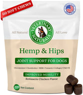 Veterinary Naturals hemp-hips joint soft chews bottle highlights chewy texture for aging dogs mobility.