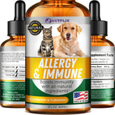 Vetflix Allergy & Immune Drops bottle closeup highlighting immune support for pets.