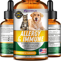 Vetflix Allergy & Immune Drops bottle closeup highlighting immune support for pets.
