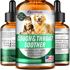 Vetflix Cough Relief bottle front showing convenience for at-home pet cough relief