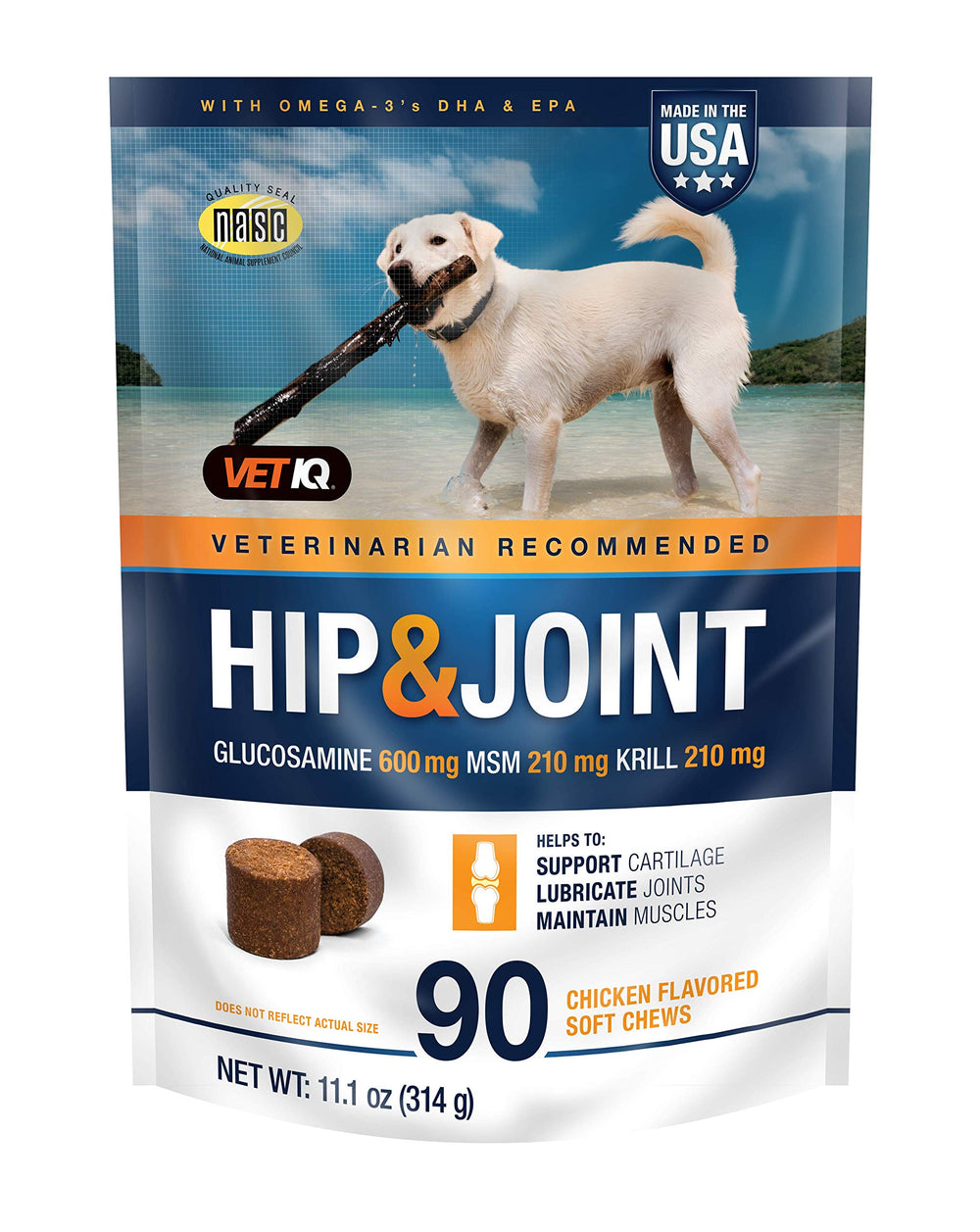 VetIQ Hip & Joint soft chews bag supports dog mobility with tasty chicken flavor.