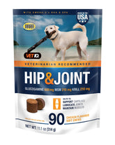 VetIQ Hip & Joint soft chews bag supports dog mobility with tasty chicken flavor.