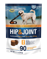 VetIQ Hip & Joint soft chews bag supports dog mobility with tasty chicken flavor.