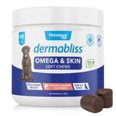 Vetnique Dermabliss dog soft chews with wild Alaskan fish oil promote healthy skin.