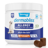 Vetnique Dermabliss seasonal allergy chews packaging suggests itch relief for dogs