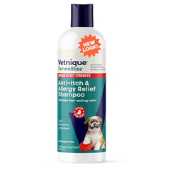 Vetnique Dermabliss shampoo bottle front for itch relief and healthy coat shine.