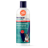 Vetnique Dermabliss shampoo bottle demonstrates veterinary-strength antibacterial cleansing.
