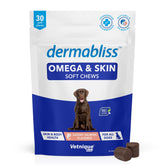 Vetnique Dermabliss soft chews bottle highlighting daily skin support for dogs